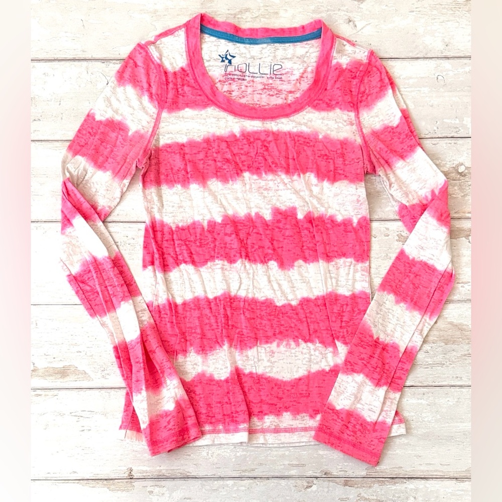 Nollie S/M Womens Neon Hot Pink White Stripes Long Sleeve Shirt Size Small